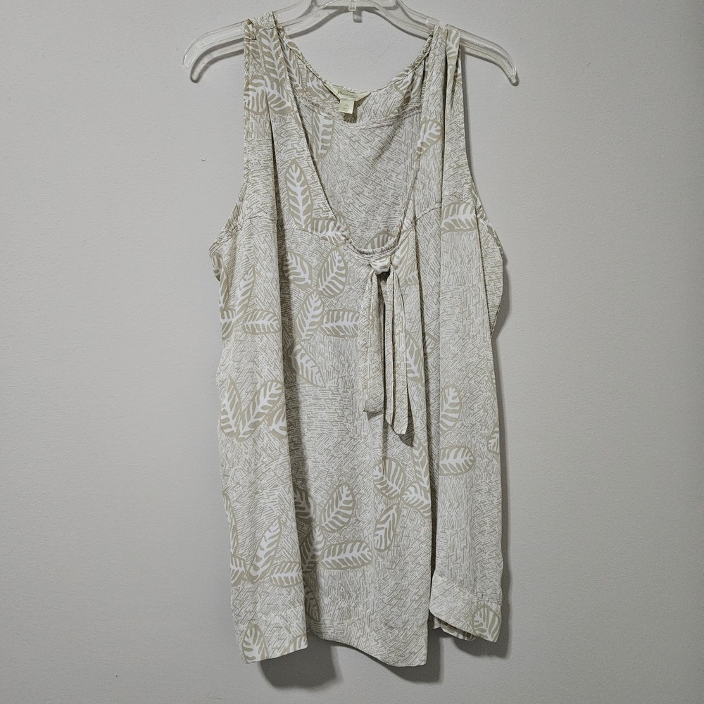 Passports Woman Beige Leaf Print‎ Tie Front Sleeveless Tank Top Blouse Plus 3X